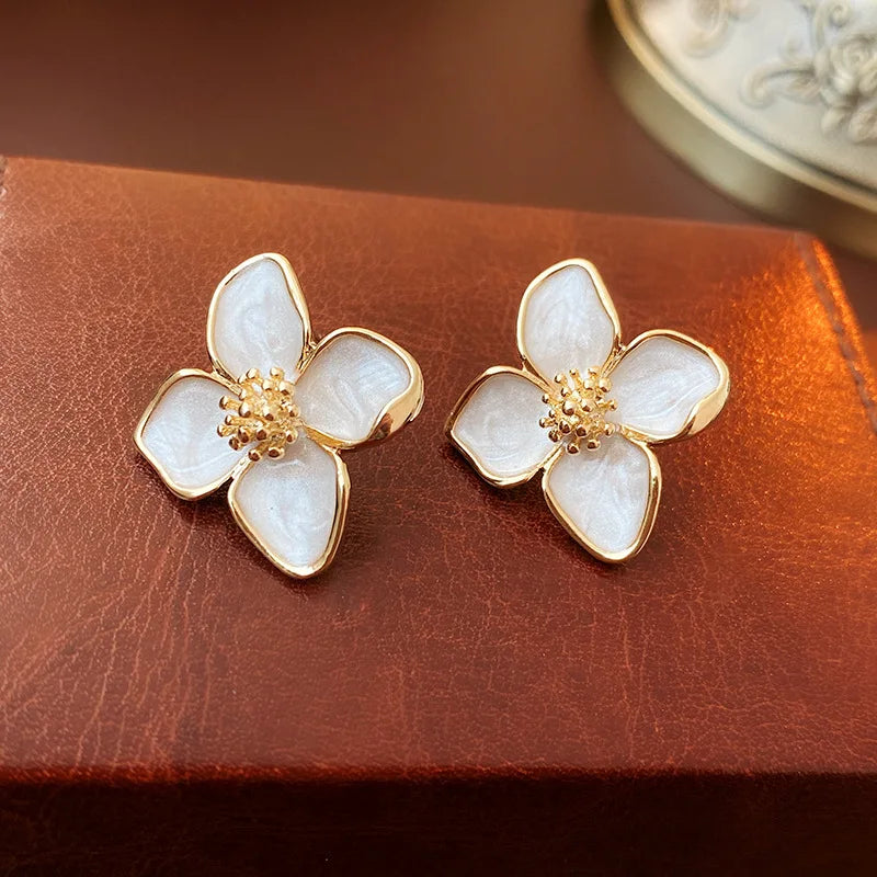 Hibiscus Flower Stud Earrings with Mother-of-Pearl Petals