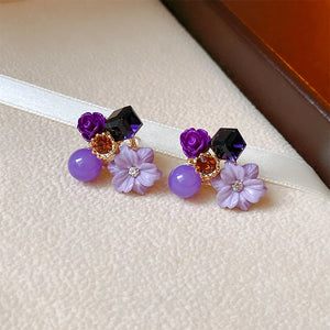 Boucles d'Oreilles Clou Fleurs et Perles violet 1