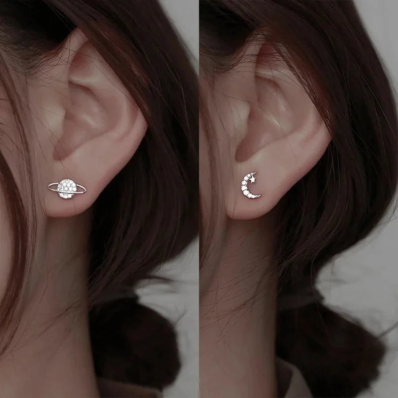 Boucles d'Oreilles Clou Lune et Sphère en Zircon argent