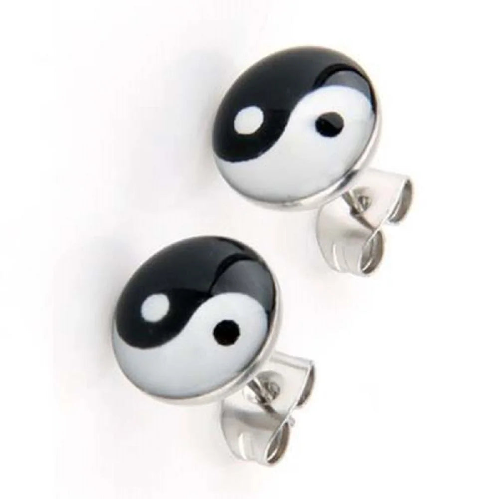 Boucles d'Oreilles Clou Yin Yang Noir et Blanc