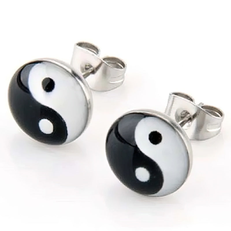 Boucles d'Oreilles Clou Yin Yang Noir et Blanc