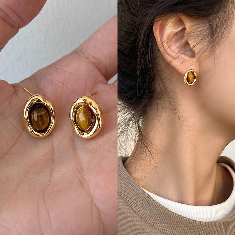 Boucles d'Oreilles Clous Ovales Oeil de Tigre