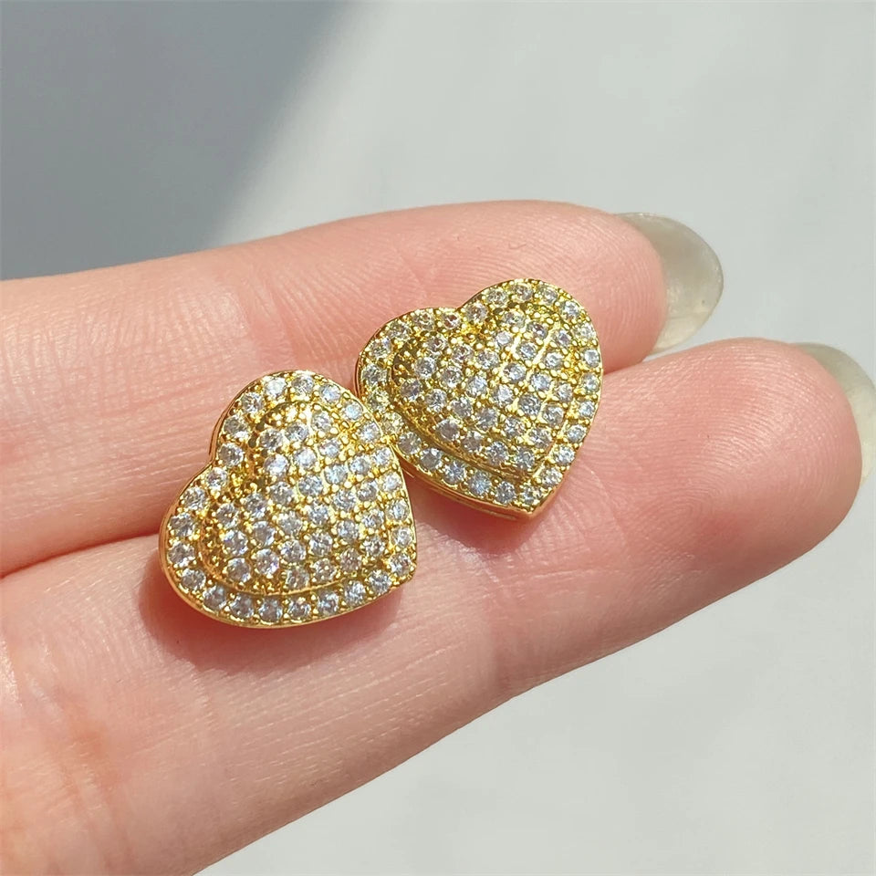 Gold puffed heart rhinestone earrings