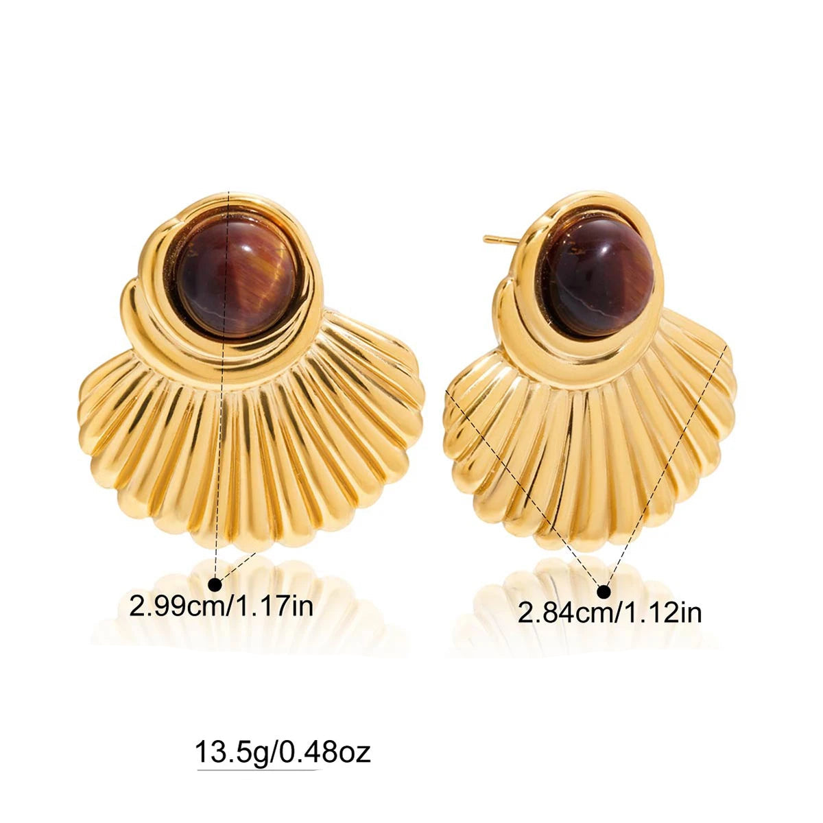 Boucles d'oreilles coquillage dorées et pierre d'oeil de tigre