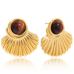 Boucles d'oreilles coquillage dorées et pierre d'oeil de tigre