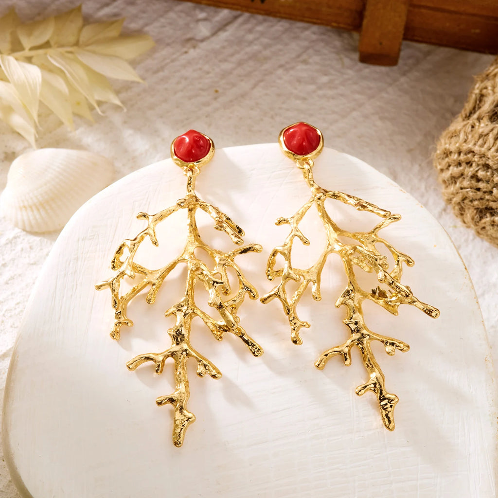 Gold-plated coral earrings