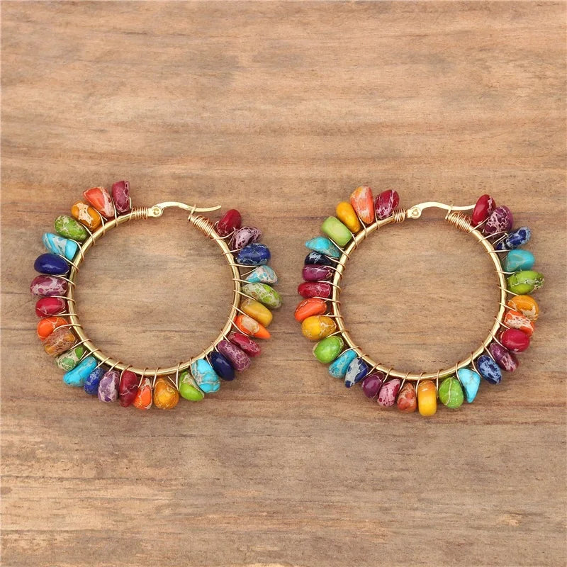 Boucles D'oreilles Créoles 7 Chakras - Pierres Et Fil De Cuivre - Neuf Avec étiquettes