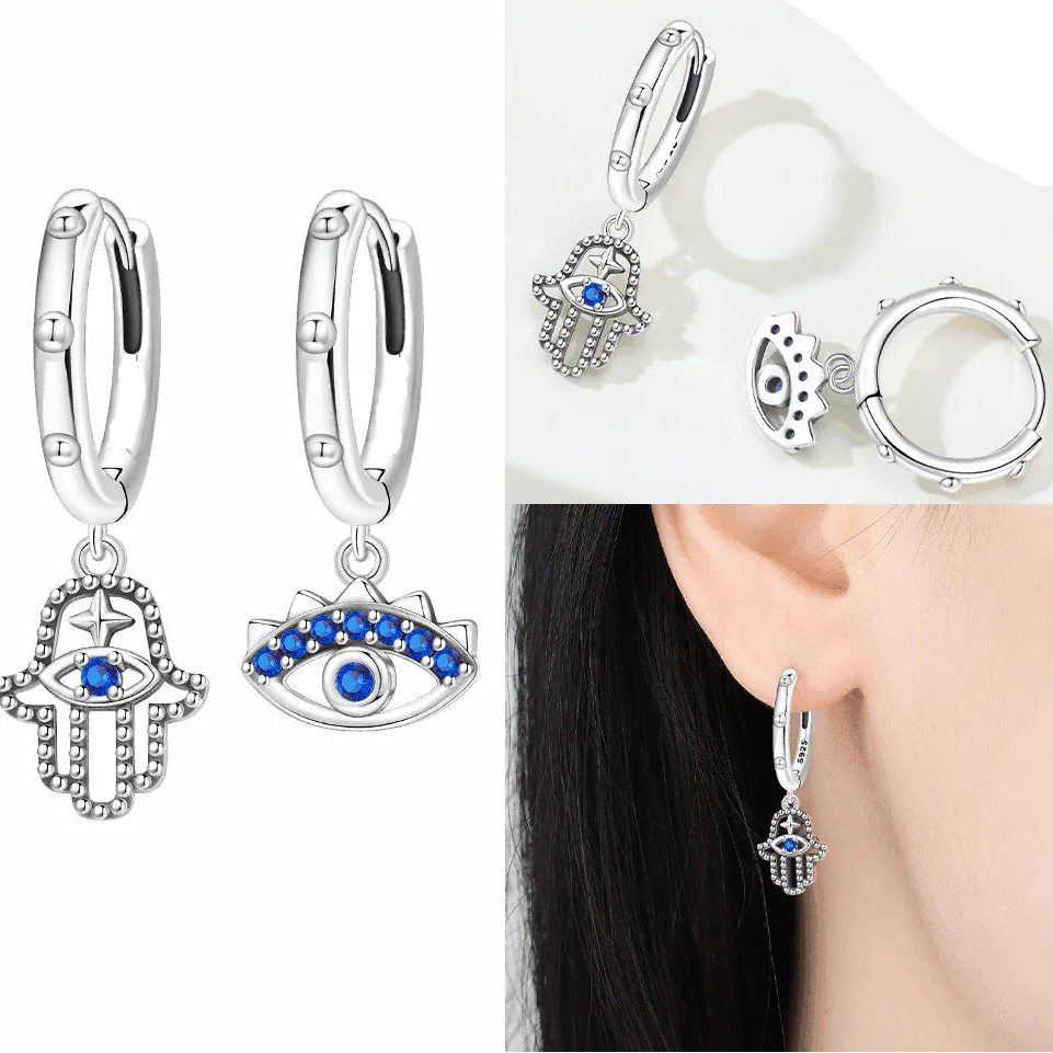 Boucles d'oreilles créoles avec pendentifs main de Fatma et oeil bleu