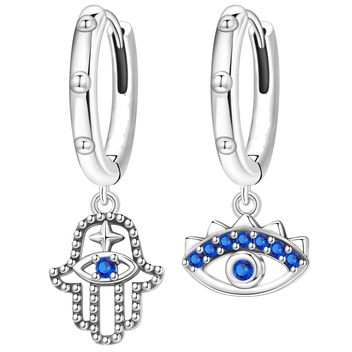 Boucles d'oreilles créoles avec pendentifs main de Fatma et oeil bleu