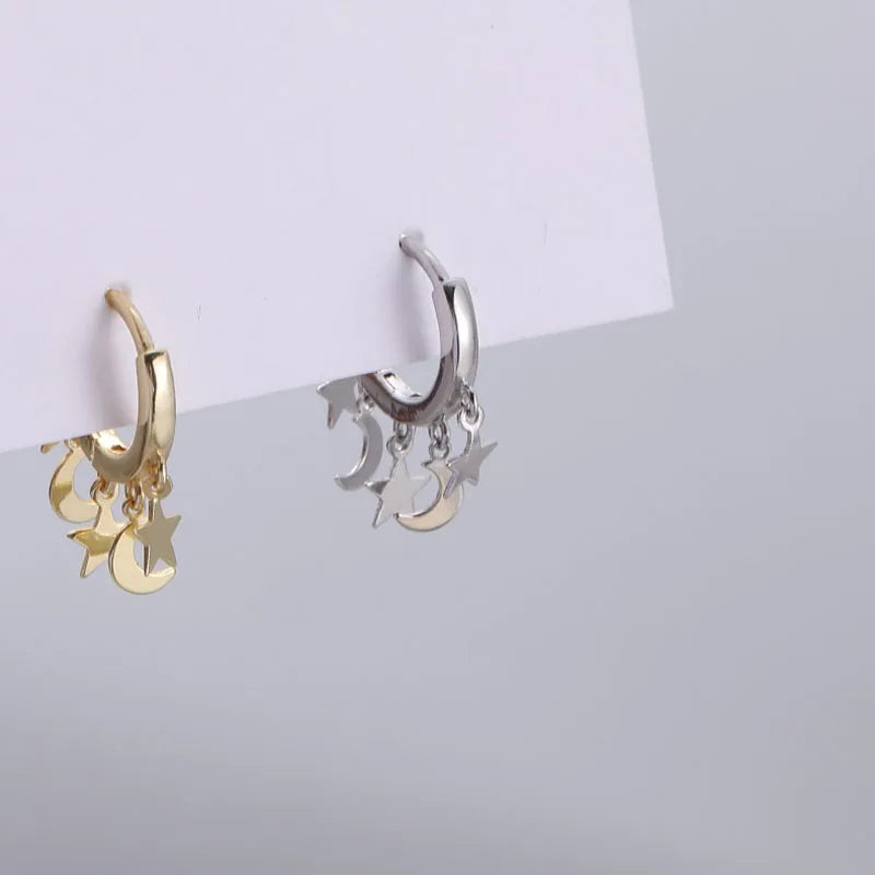 Boucles d'Oreilles Créoles Etoiles et Lunes pendantes argent