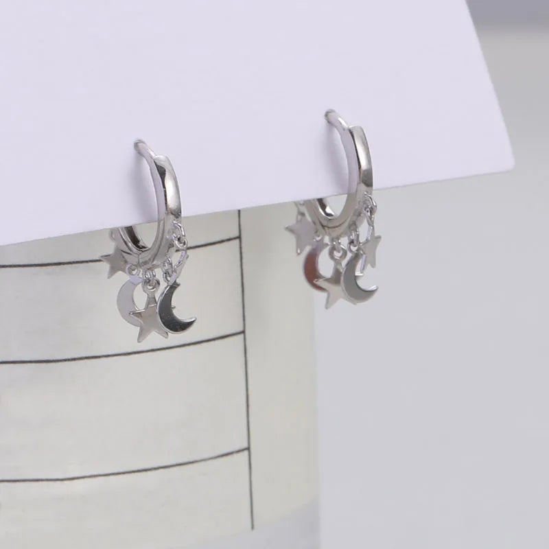 Boucles d'Oreilles Créoles Etoiles et Lunes pendantes argent