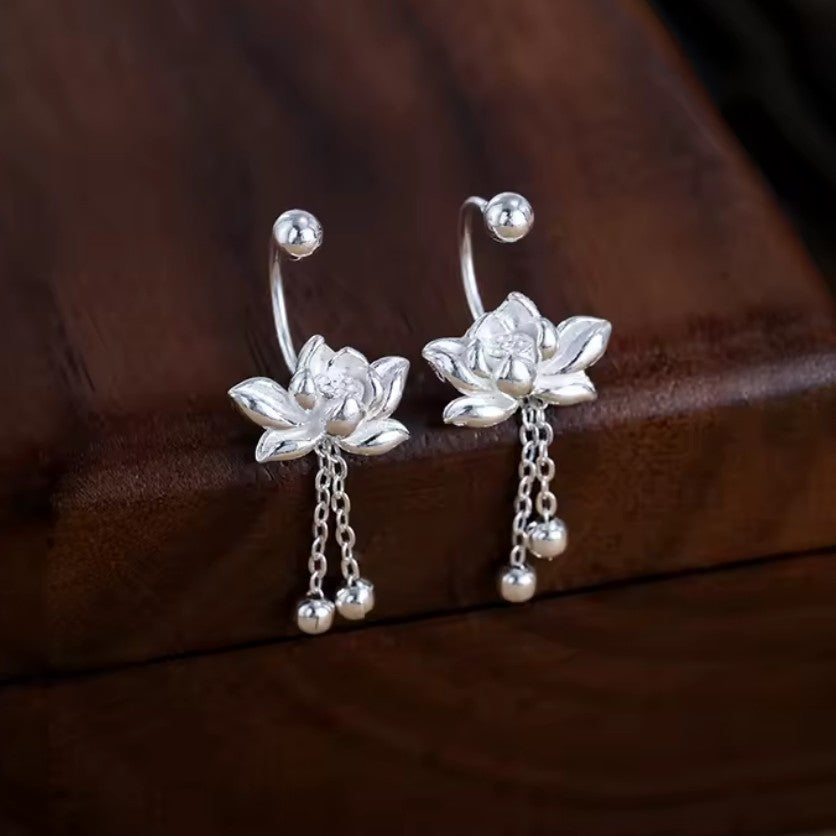 Örhängen för kvinnor, hängande lotusblomma i silver 