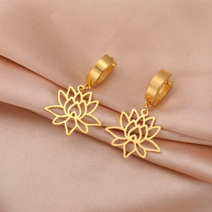 Boucles d'Oreilles Femme Pendantes Fleur de Lotus Zen or