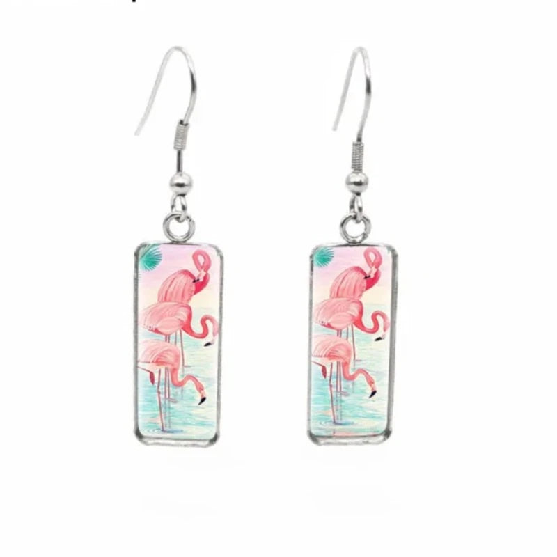 Boucles d'Oreilles Flamants Roses Pendantes Rose Et Bleu