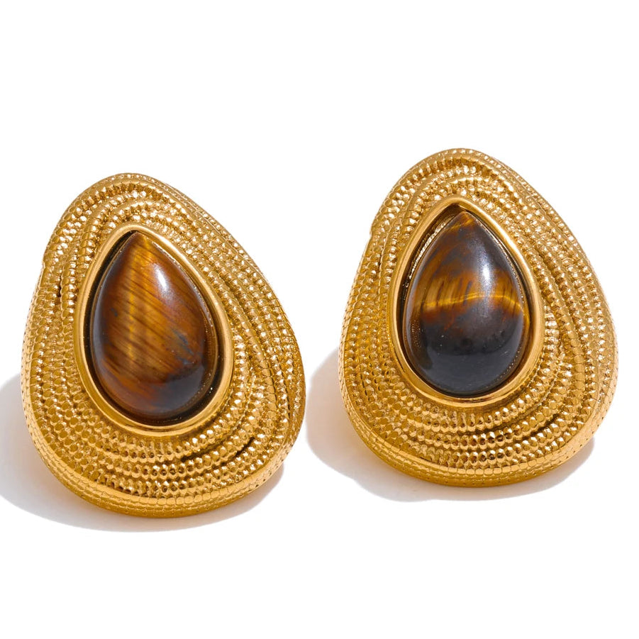 Boucles d'oreilles goutte d'eau texturées en pierre d'oeil de tigre