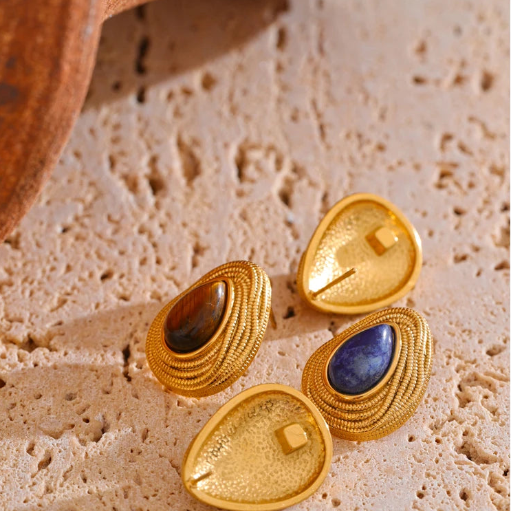 Boucles d'oreilles goutte d'eau texturées en pierre d'oeil de tigre