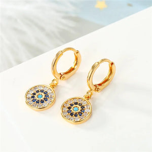 Boucles D'Oreilles Mauvais Oeil Bleu Strass Rondes or