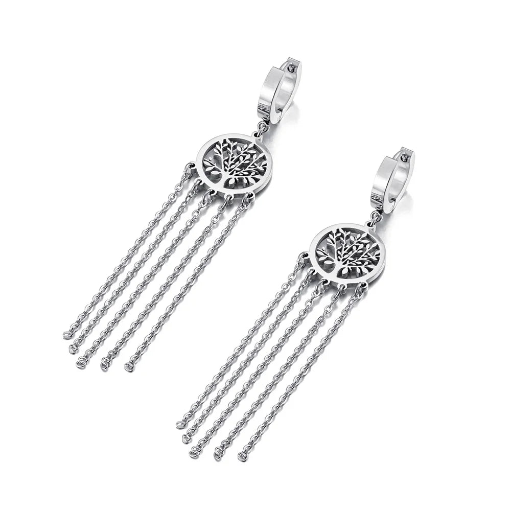 Boucles d'Oreilles Pendantes avec Arbre de Vie argent