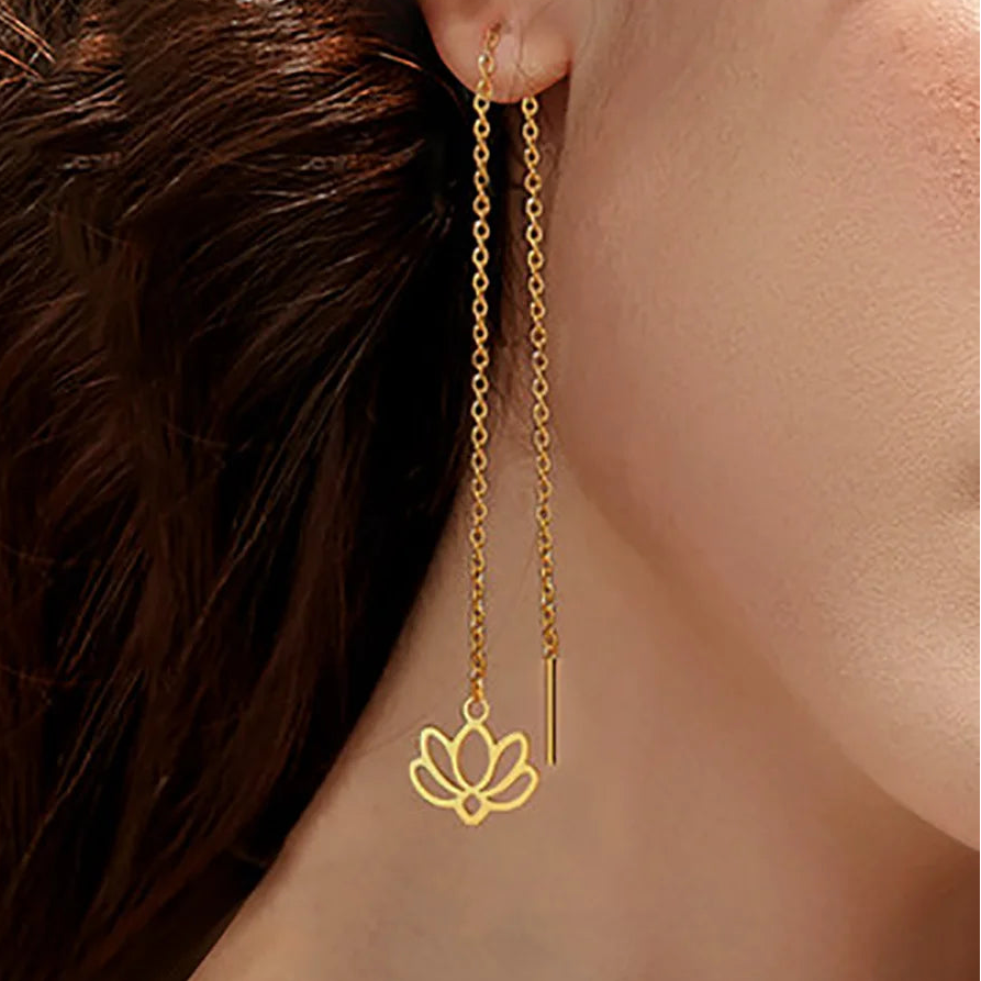 Boucles d'Oreilles Pendantes avec Fine Fleur de Lotus or
