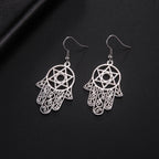 Dangling earrings with the Jewish protection symbol Fatma's hand and Star of David silver
