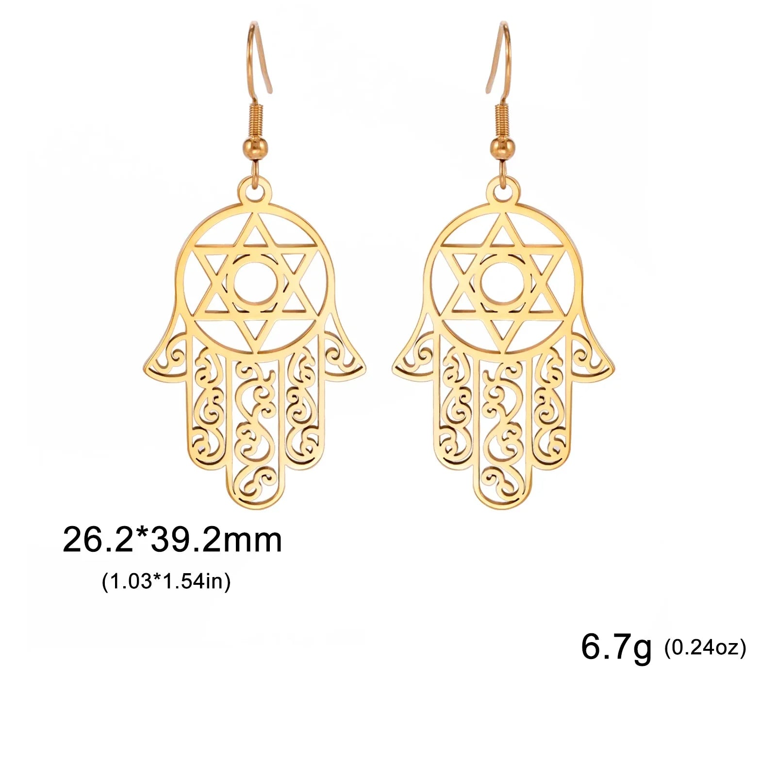 Dangling earrings with the Jewish protection symbol Fatma's hand and Star of David 