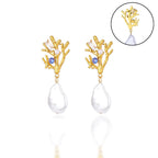 Boucles d'Oreilles Pendantes Corail avec Perle et Zircon bleu