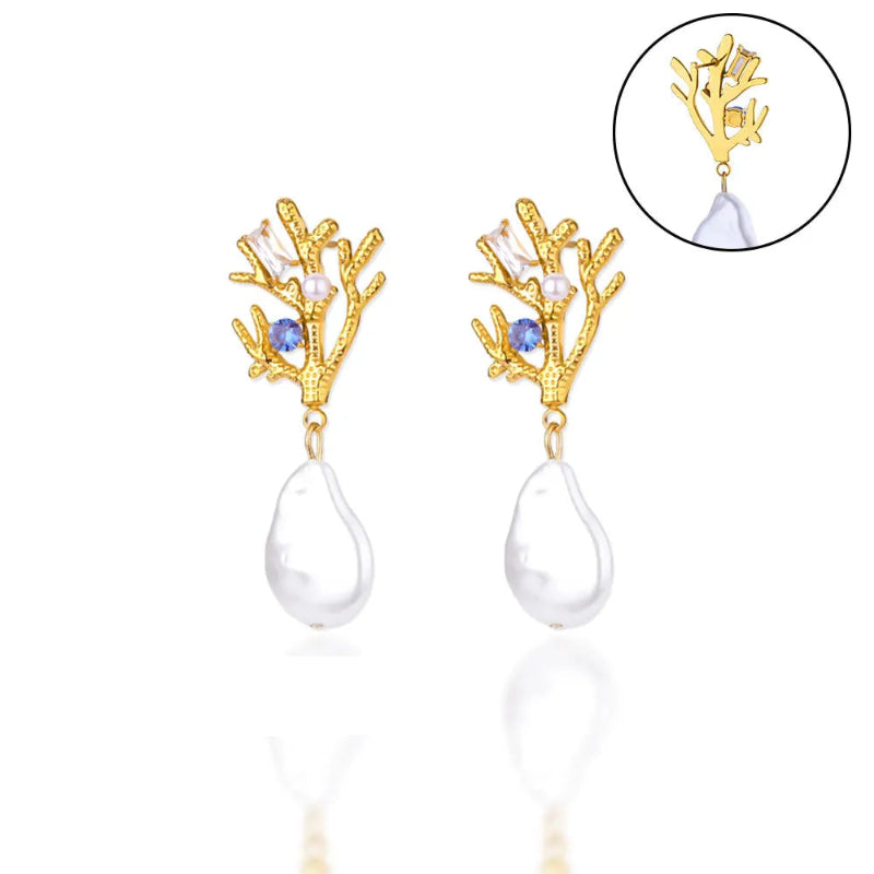 Orecchini Pendenti Corallo con Perla e Zircone blu