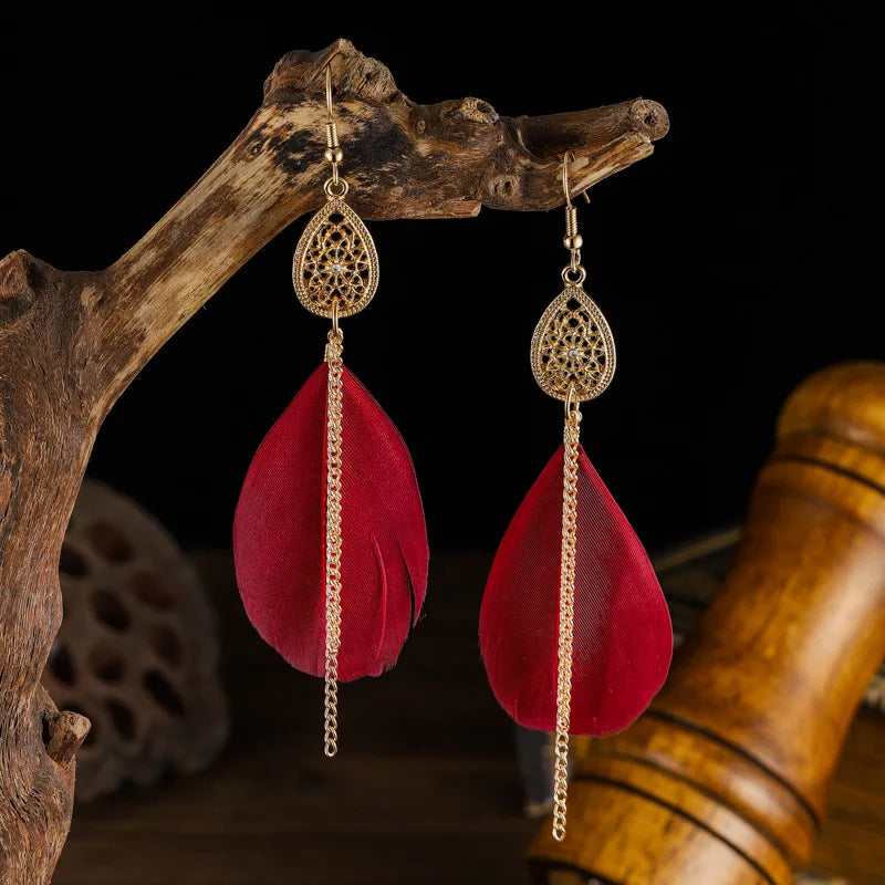 Boucles d'Oreilles Pendantes Bohêmes Plume