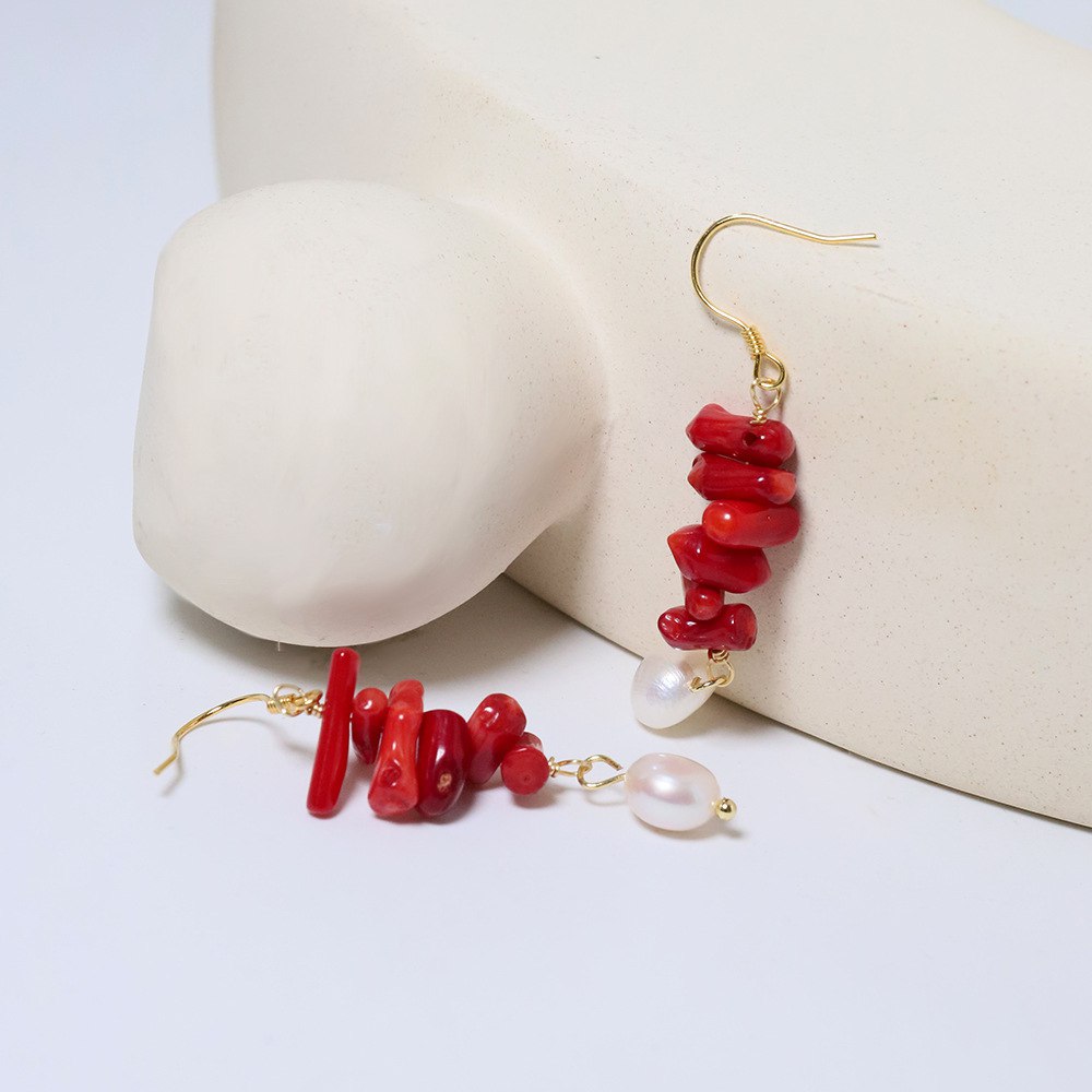 Orecchini Pendenti Corallo con Perle 
