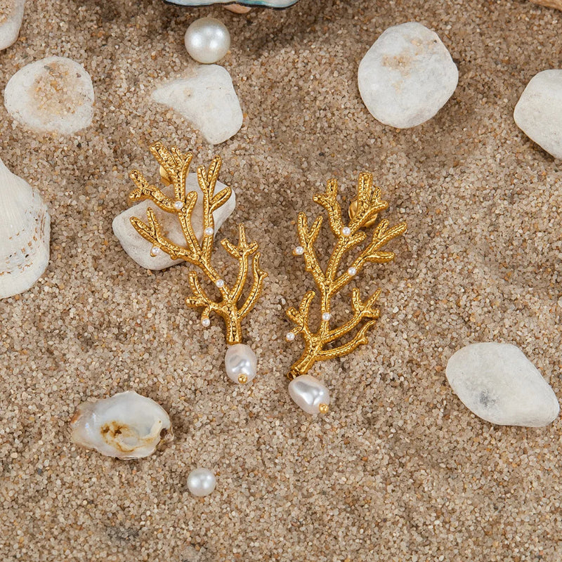 Orecchini Pendenti Corallo e Perle Bianche