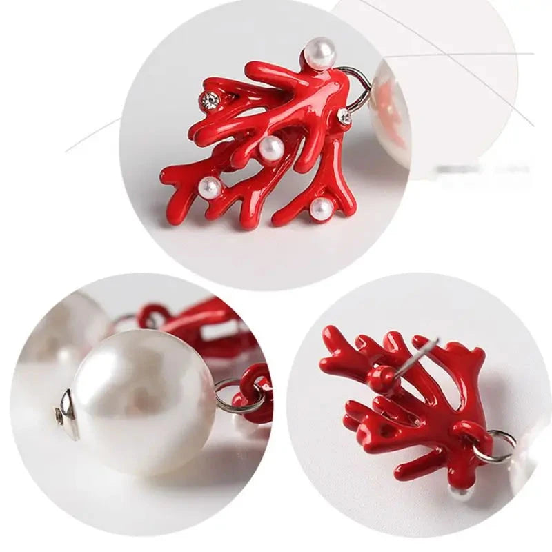 Boucles d'Oreilles Pendantes Corail Rouge et Perles