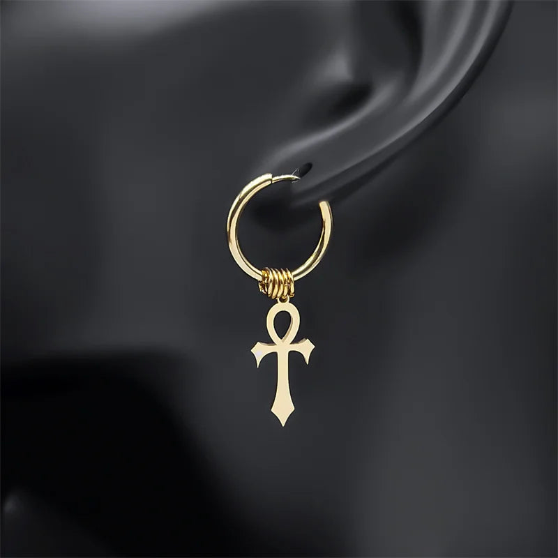 Boucles d'Oreilles Pendantes Croix d'Ankh pour Homme ou Femme or