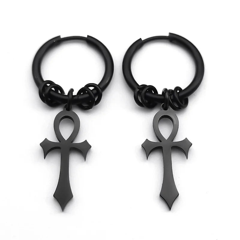 Boucles d'Oreilles Pendantes Croix d'Ankh pour Homme ou Femme noir