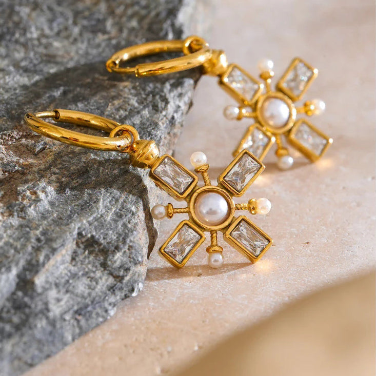 Boucles d'oreilles pendantes croix et perles