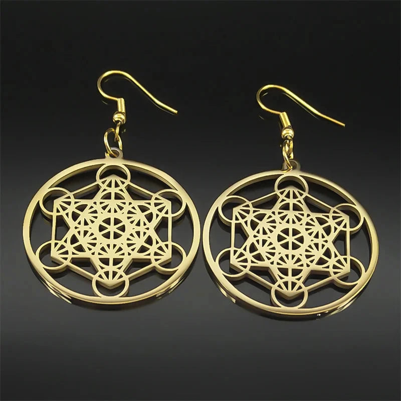 Boucles d'Oreilles Pendantes Cube Métatron or