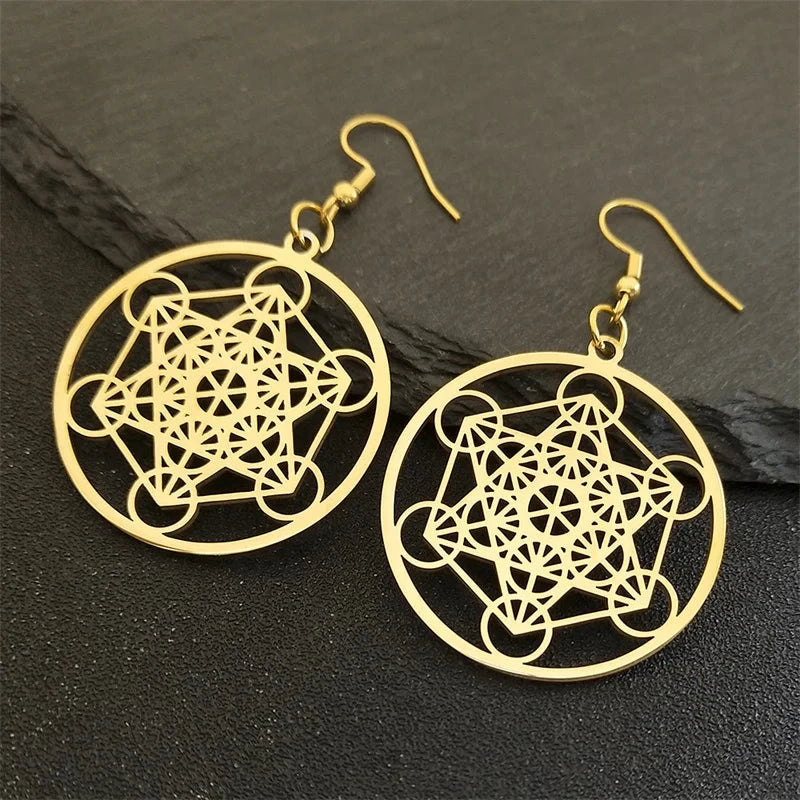 Boucles d'Oreilles Pendantes Cube Métatron or