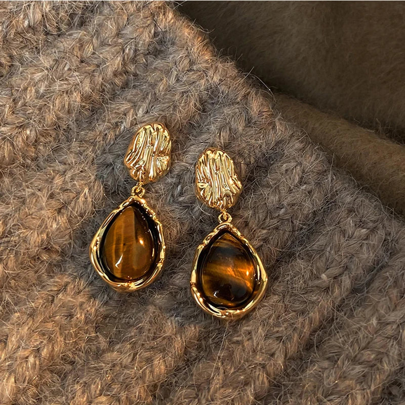 Boucles d'Oreilles Pendantes de Protection Femme Oeil de Tigre