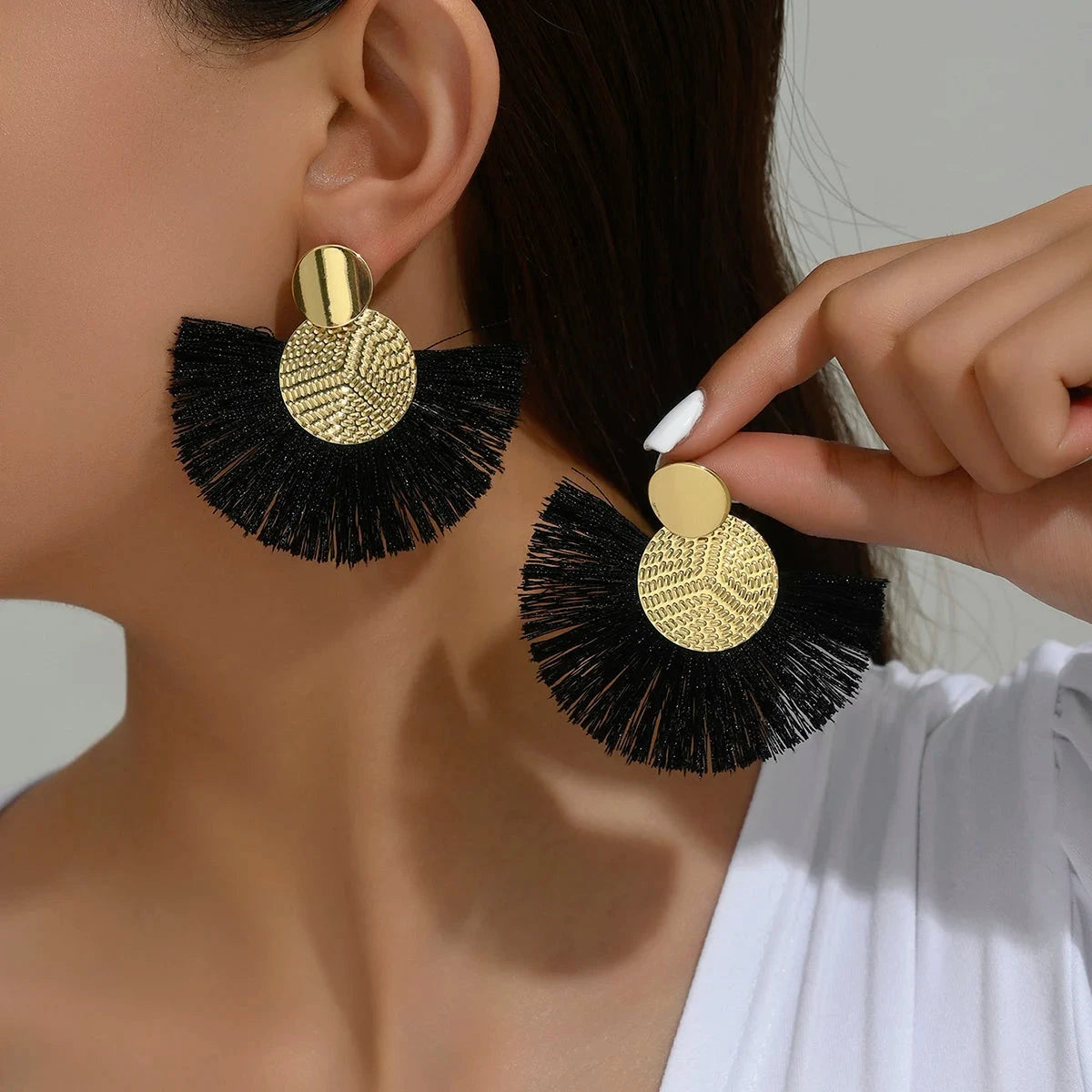 Boucles d'Oreilles Pendantes de Style Bohême en Eventail noir
