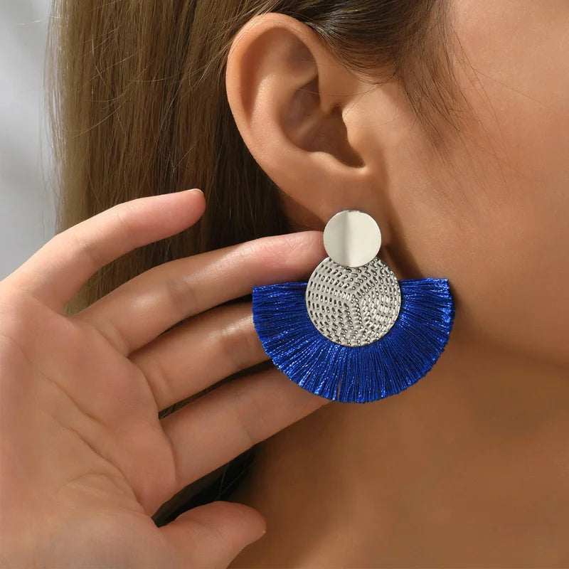 Boucles d'Oreilles Pendantes de Style Bohême en Eventail bleu
