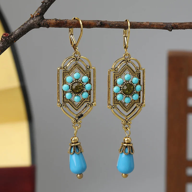 Boucles d'Oreilles Pendantes Ethniques Asymétriques bleu