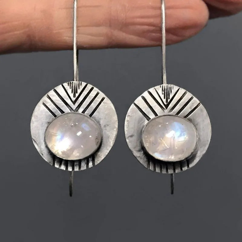 Boucles d'Oreilles Pendantes Ethniques avec Pierre de Lune