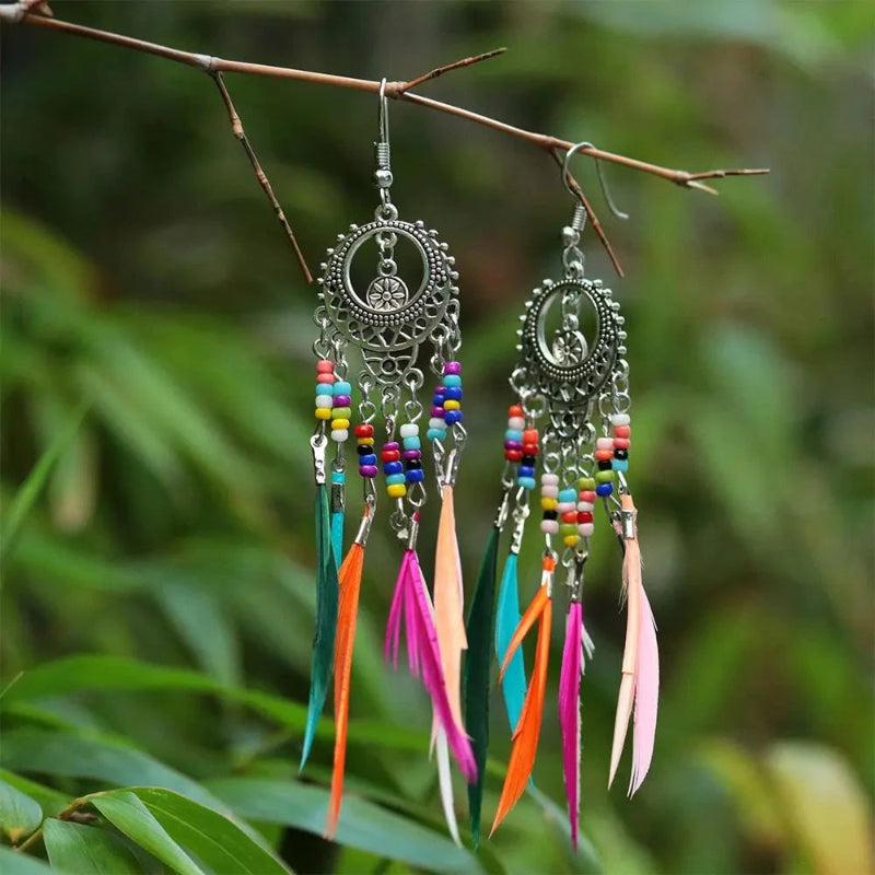Boucles d'Oreilles Pendantes Ethniques Plumes Colorées Femme argent