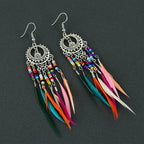 Boucles d'Oreilles Pendantes Ethniques Plumes Colorées Femme argent