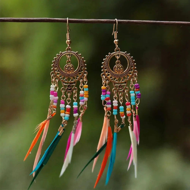 Boucles d'Oreilles Pendantes Ethniques Plumes Colorées Femme or