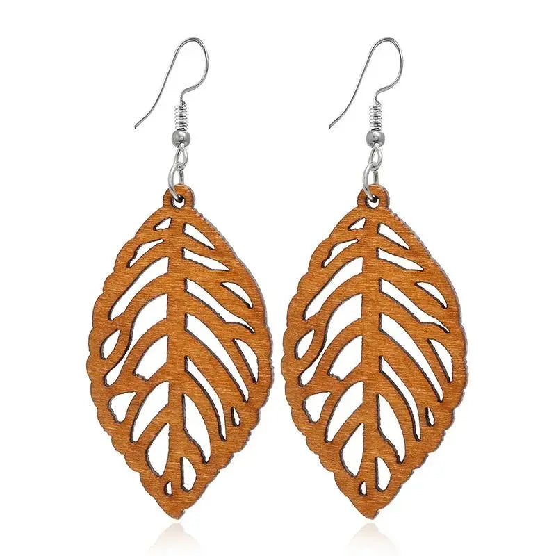 Pendientes Colgantes de Hoja de Laurel en Madera