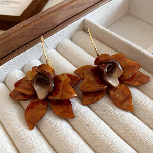 Boucles d'Oreilles Créoles Pendantes Fleurs Larges marron