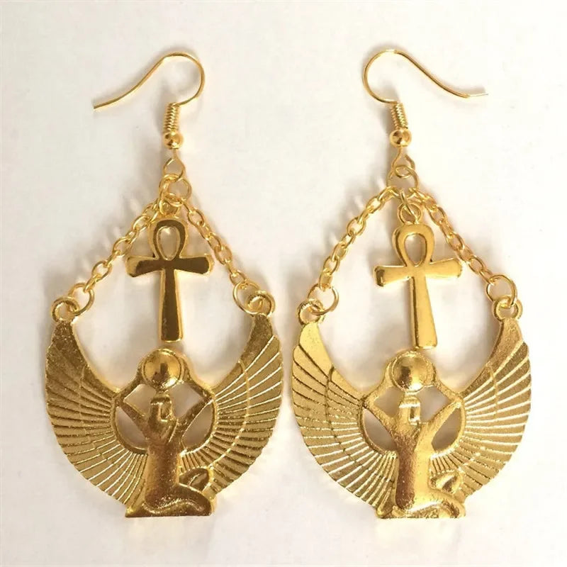 Boucles d'Oreilles Pendantes Isis et Croix d'Ankh