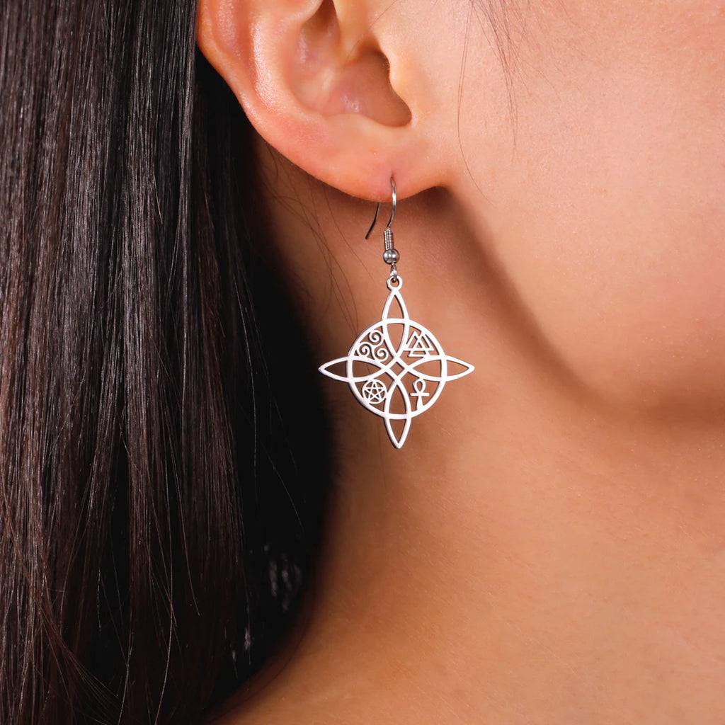 Boucles d'Oreilles Pendantes Noeud de Sorcière de Protection Femme Wiccan argent