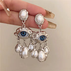 Boucles d'Oreilles Pendantes Oeil Bleu et Perles argent