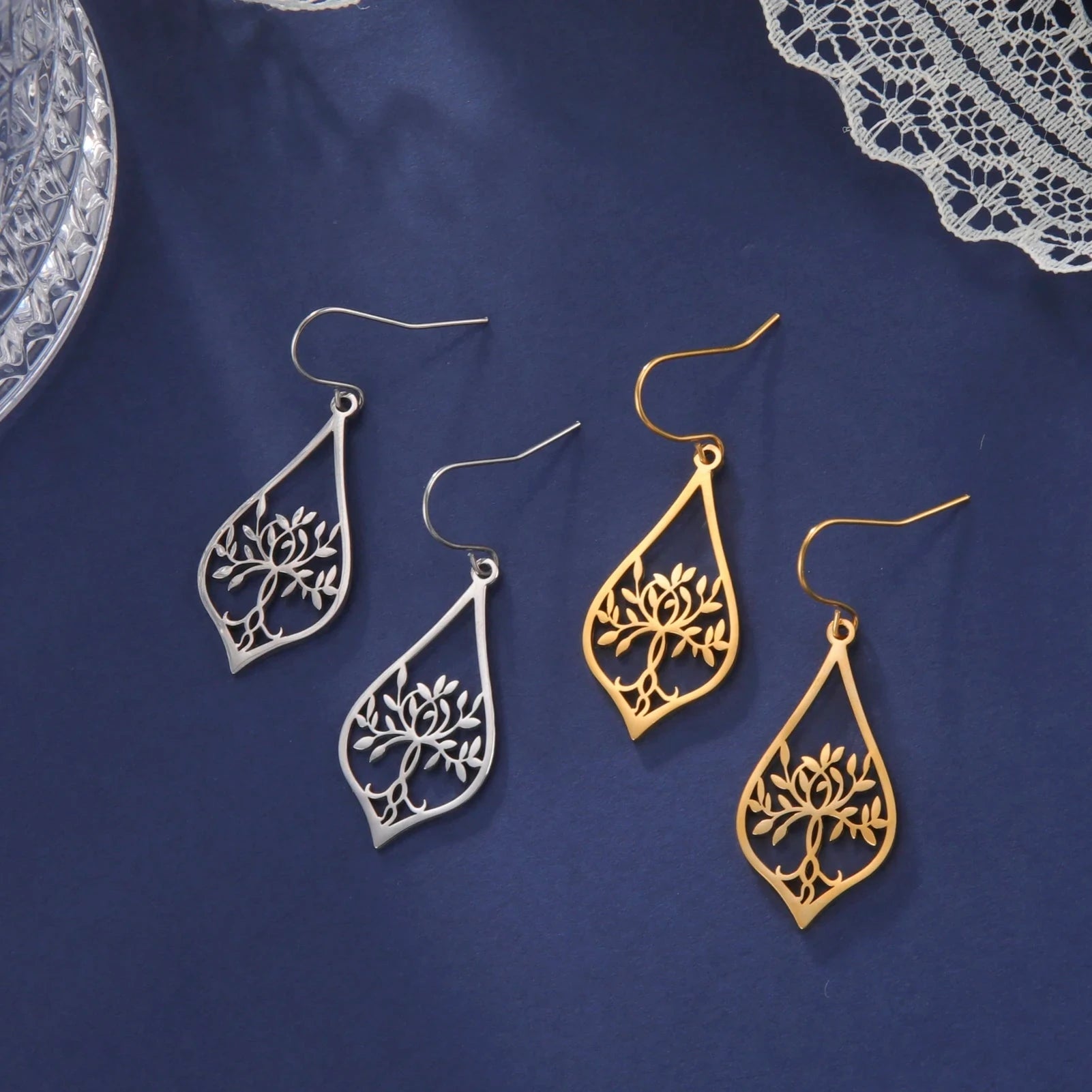 Boucles d'Oreilles Pendantes Ovales Arbre de Vie or